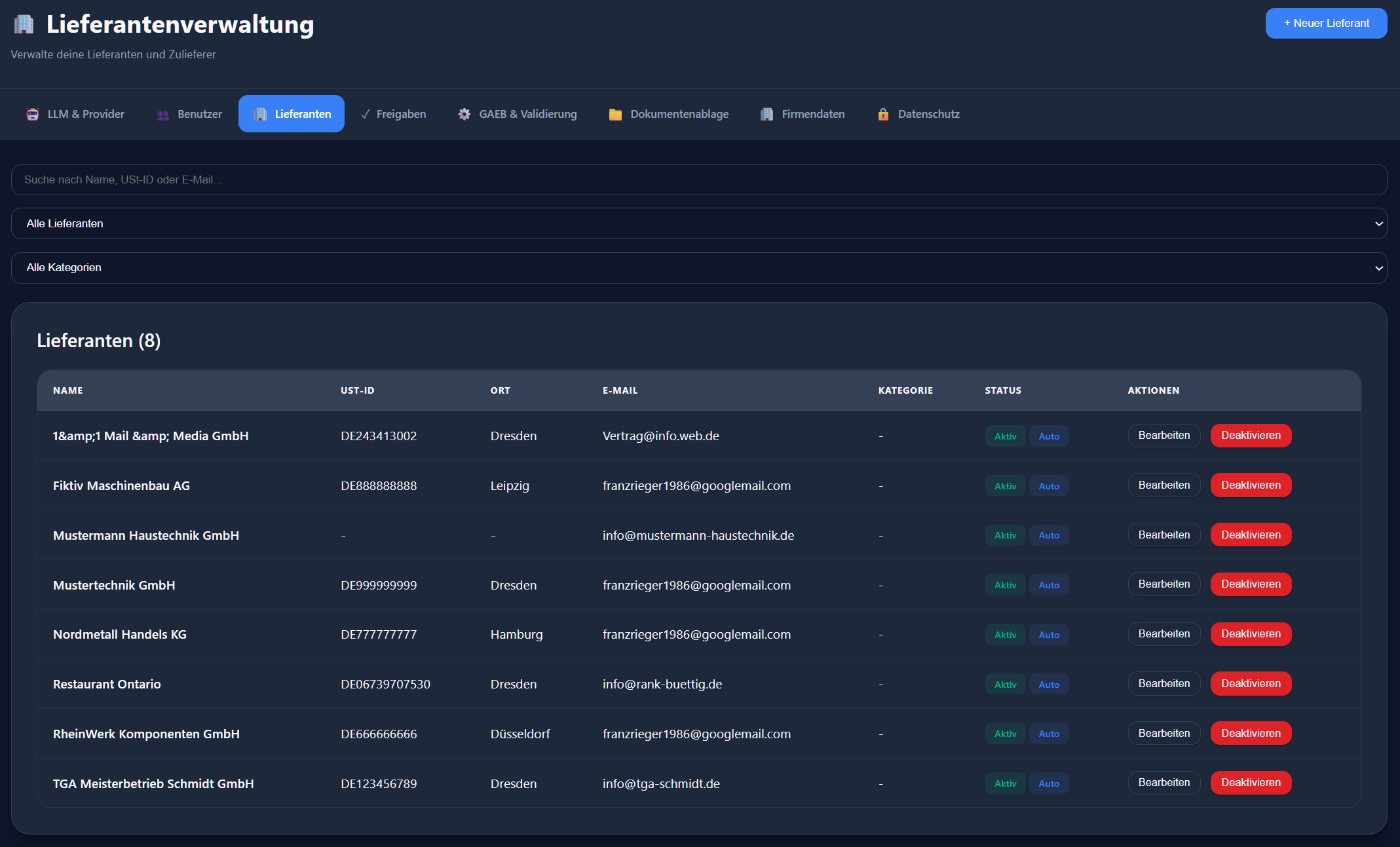 Dashboard mit Lieferantenübersicht